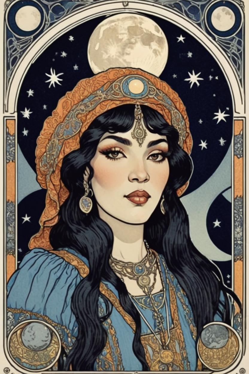 Artificial Intelligence (AI) generated image art, ..., portrait, artwork by Ivan Bilibin, Art Nouveau, tarot card, holding a moon