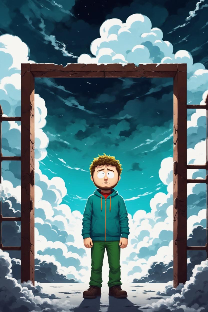 Artificial Intelligence (AI) generated image art, (((south park cartoon character))), ... man, illustration, at heaven gates, on a cloud, sharp focus, deep colours