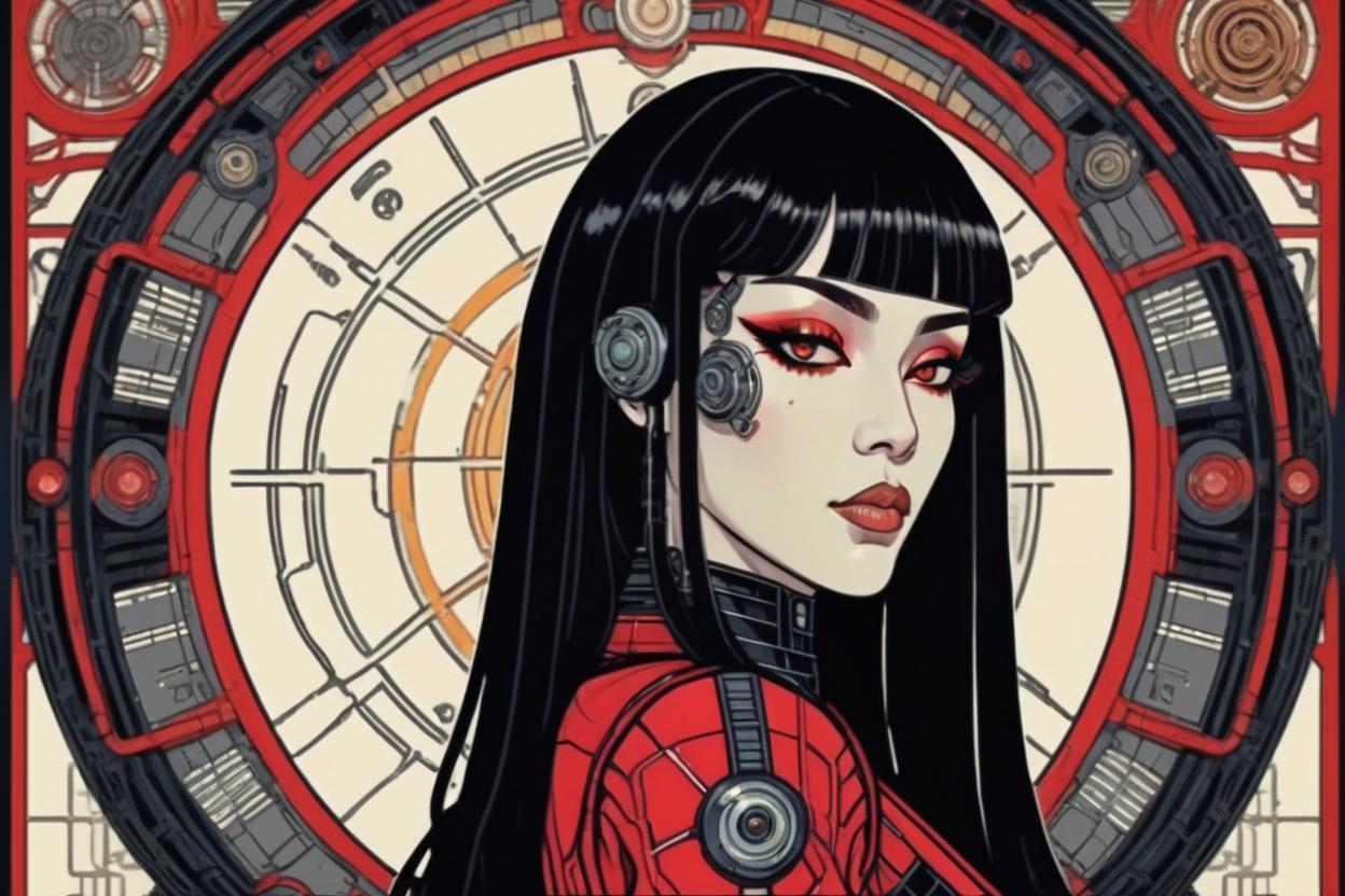 Artificial Intelligence (AI) generated image art, (*...*), portrait, artwork by Ivan Bilibin, Art Nouveau, tarot, cyberpunk, red and black android, cyborg, robotic, with black hair, dark eyes, black irises, full body