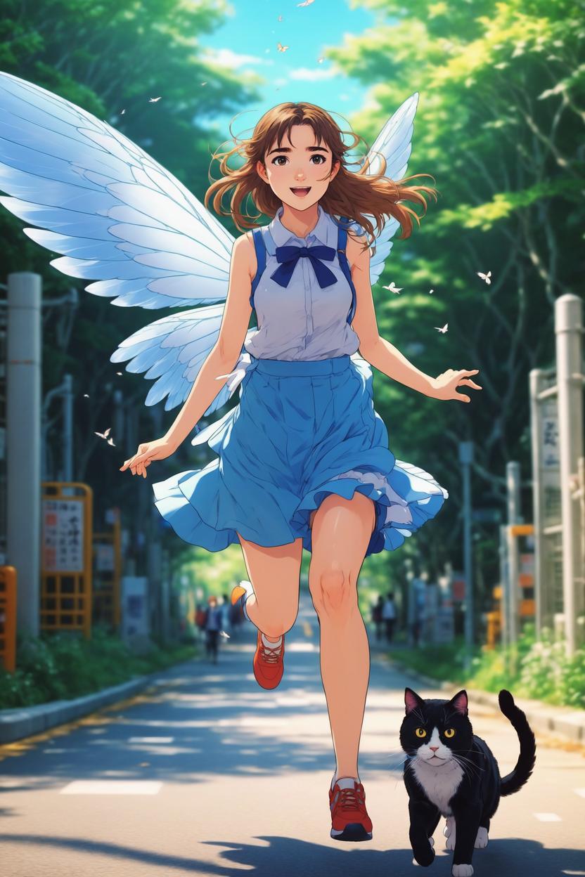 Artificial Intelligence (AI) generated image art, ..., as anime fairy being chased by giant cat, anime fairy from Amagi Brilliant Park, wings, flying, super cute anime style, illustration, anime girl art by makoto shinkai