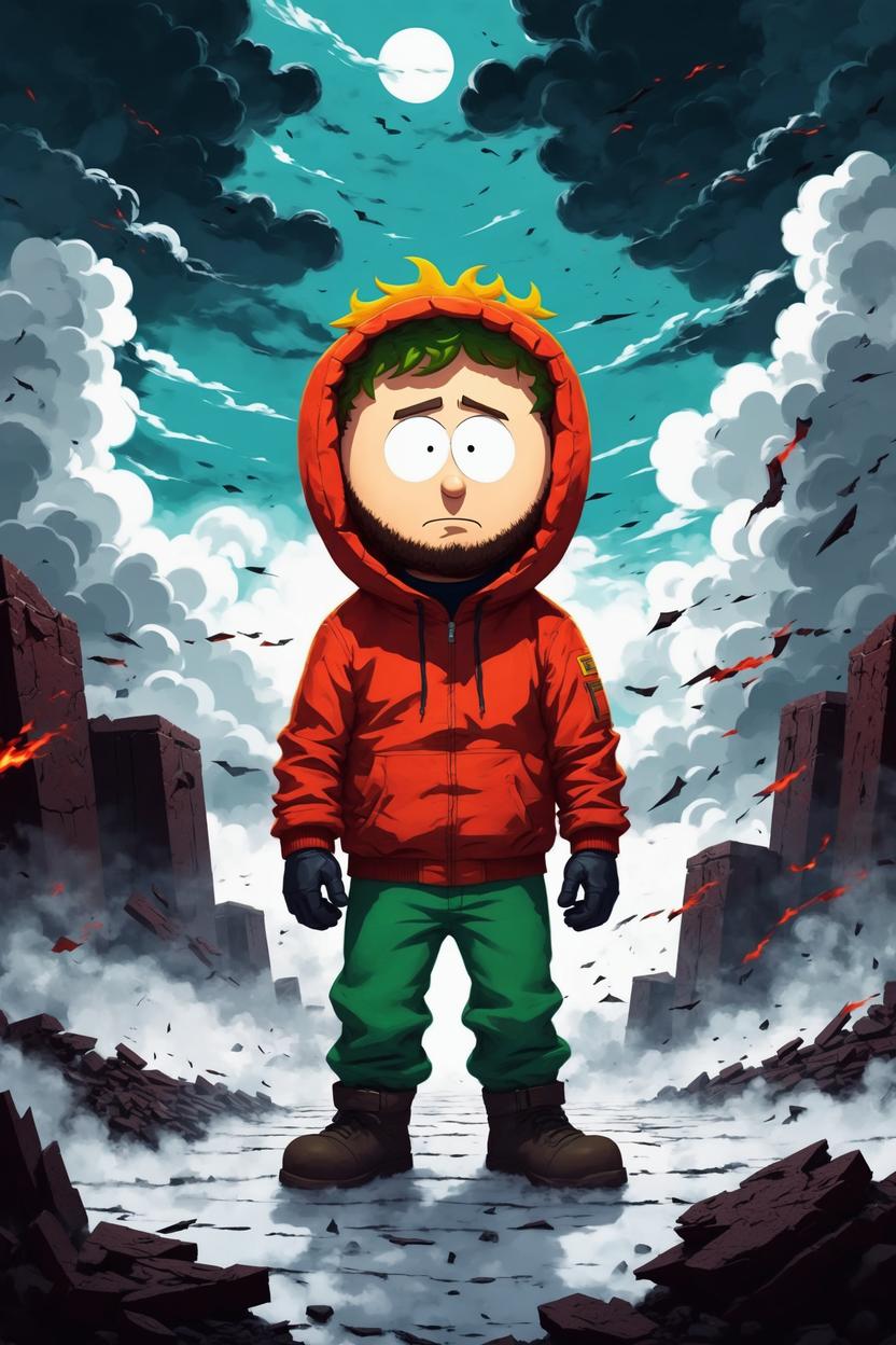 Artificial Intelligence (AI) generated image art, (((south park cartoon character))), ... man, illustration, at hell gates, on a cloud, sharp focus, deep colours