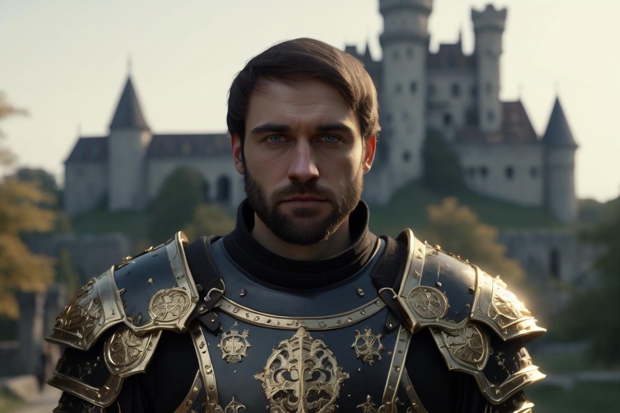 Artificial Intelligence (AI) generated image art, ... as fantasy knight, dnd, ((in black armor with golden symbols)), (castle in background), art by Greg Rutkowski, highly detailed, sharp focus, 4k