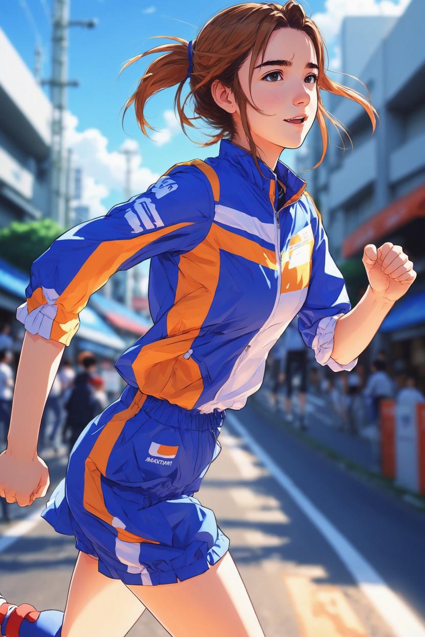 Artificial Intelligence (AI) generated image art, ..., as anime girl sprinting, side profile, anime girl from Uma Musume Twocar Derby, super cute anime style, illustration, anime girl art by makoto shinkai