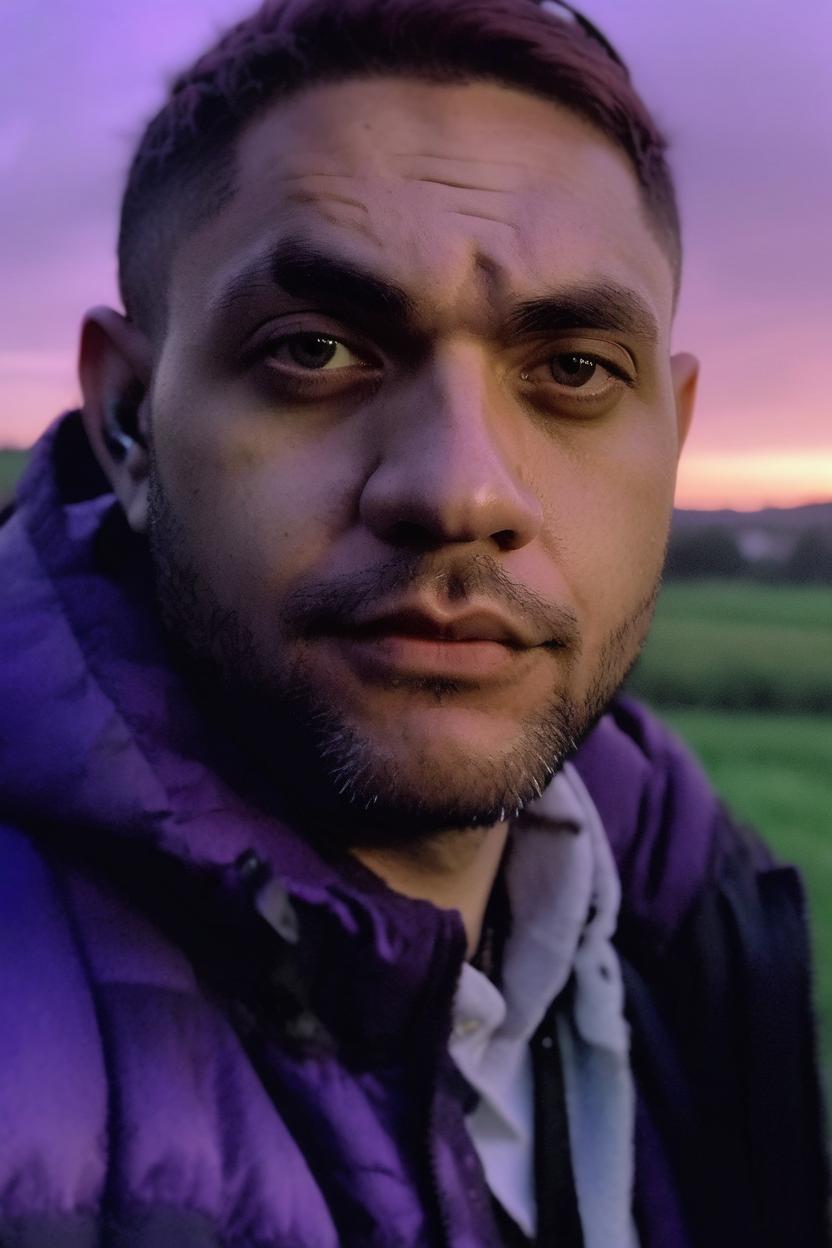 Artificial Intelligence (AI) generated image art, ..., portrait, Shot on 28 mm kodak camera, (twilight), bathed in twilight light, (glowing, smooth face) ((highly detailed eyes)) twilight atmosphere, countryside, (grey with violet sky), detailed face, highly detailed, 8k