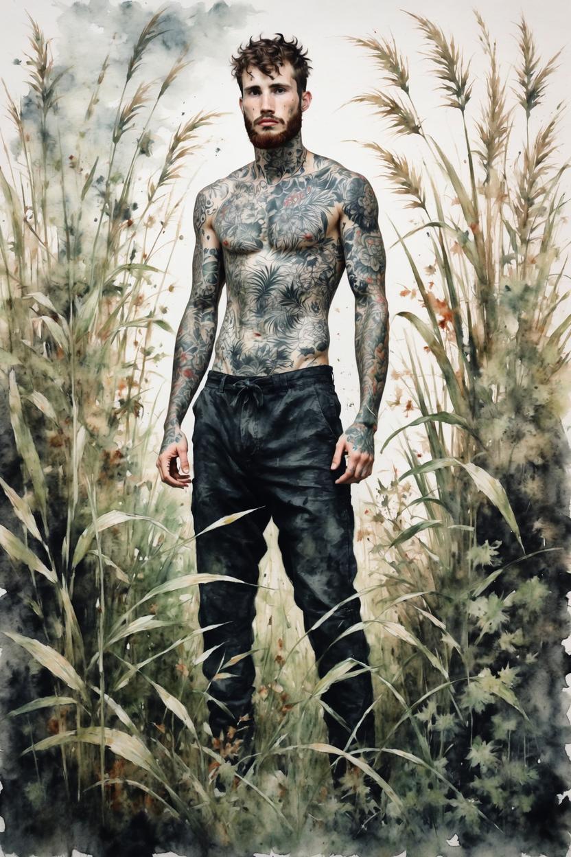 Artificial Intelligence (AI) generated image art, ..., (tattooed man), ink painting, in tall grass