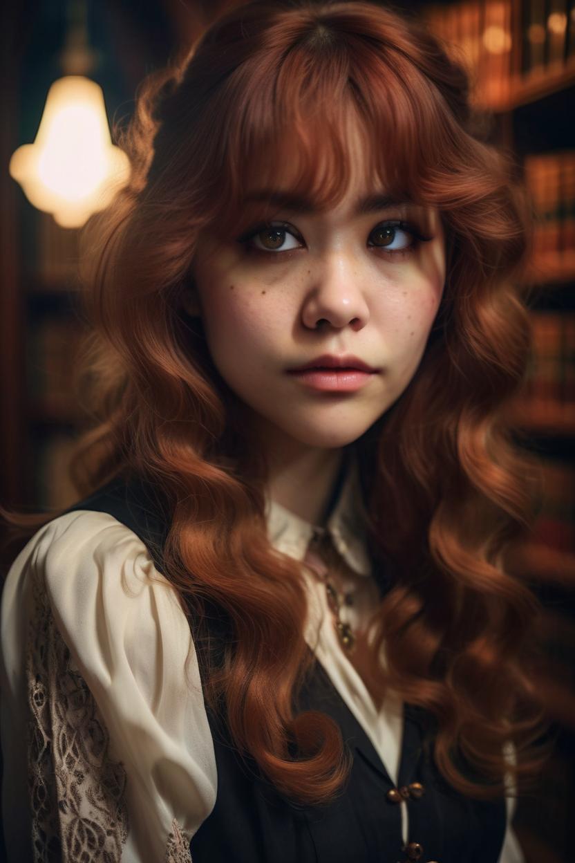 Artificial Intelligence (AI) generated image art, (portrait) of ... in (vintage blouse), realistic, detailed eyes, detailed skin features, at a (gothic library), with (mysterious light), ((true to life)), ((photorealistic)), red long curly hair