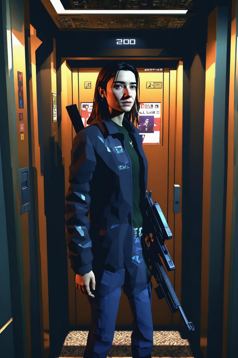Artificial Intelligence (AI) generated image art, ..., early 2000 low game graphics, 2000s playstation graphics artstyle, ps2 game, low polygon 3d game, standing in an elevator, as hacker with gun
