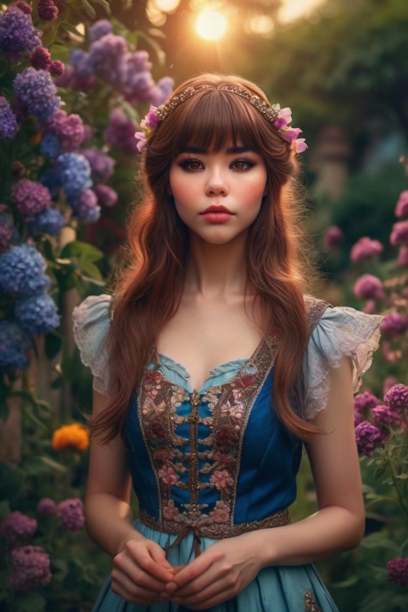 Artificial Intelligence (AI) generated image art, ..., ((portrait)), beautiful brown haired fairy princess, highly detailed illustration, in a garden holding a bunch of wild flowers, deep focus, d & d, fantasy, intricate, elegant, highly detailed, digital painting, artstation, concept art, sunset, matte, sharp focus, pouty lips, ultrarealistic, shot in the style of Wes Anderson, Mysterious and seductive atmosphere