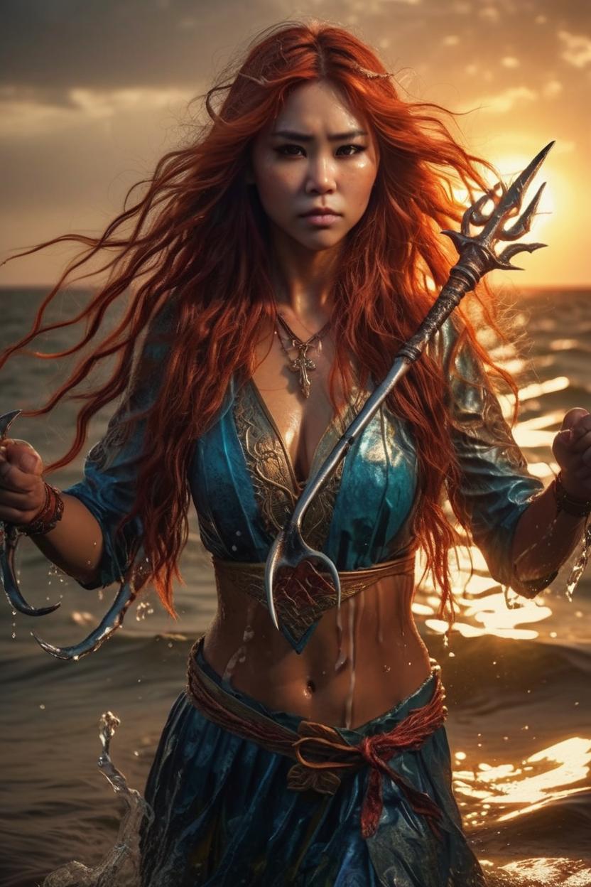 Artificial Intelligence (AI) generated image art, ..., ((realistic)) majestic water goddes Mera, holding one three spike trident, with wet body and flowing red long hair rising from the sea with sunset, ((portrait)), epic scene, epic light, intricate detailed, fine details, artstation, masterpiece