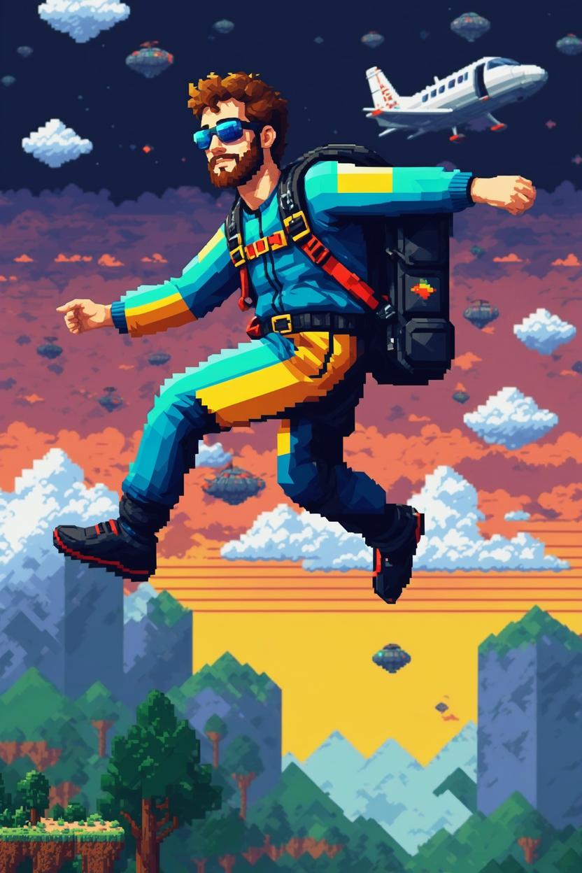 Artificial Intelligence (AI) generated image art, ..., (8 bit pixel art), skydiving