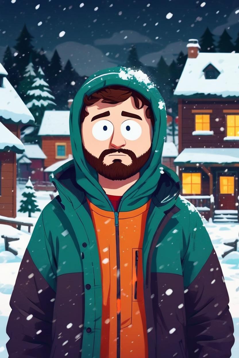 Artificial Intelligence (AI) generated image art, (((south park cartoon character))), ..., illustration, in snowy village, sharp focus, deep colours