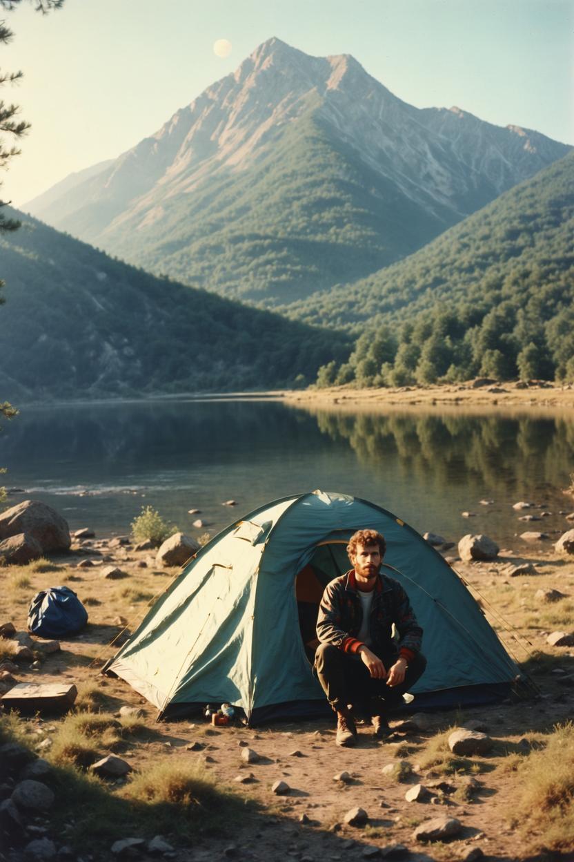 Artificial Intelligence (AI) generated image art, ..., 80s vintage film photograph, artistic, camping in nature, mountains around, morning, masterpiece photograph