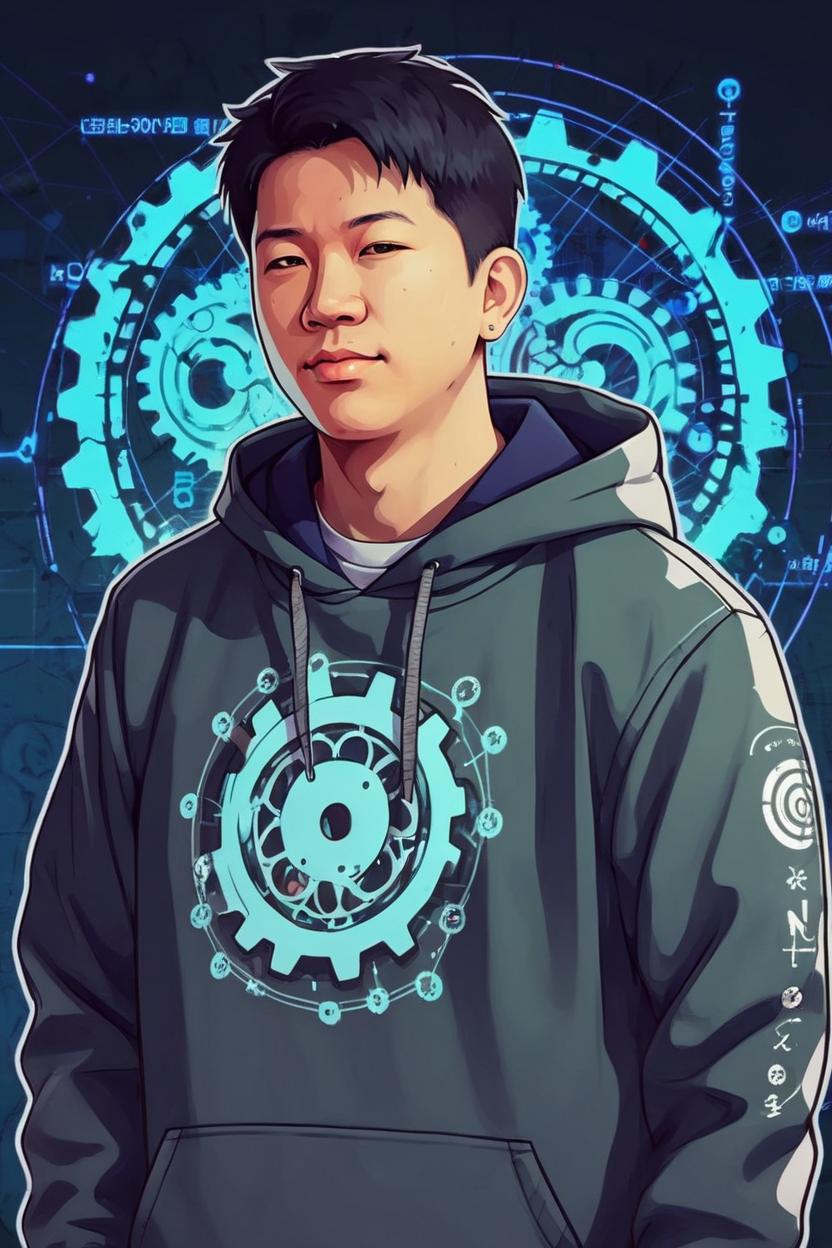 Artificial Intelligence (AI) generated image art, 90s anime style painting of ... in a hoddie that has a logo of a gears with a network diagram background