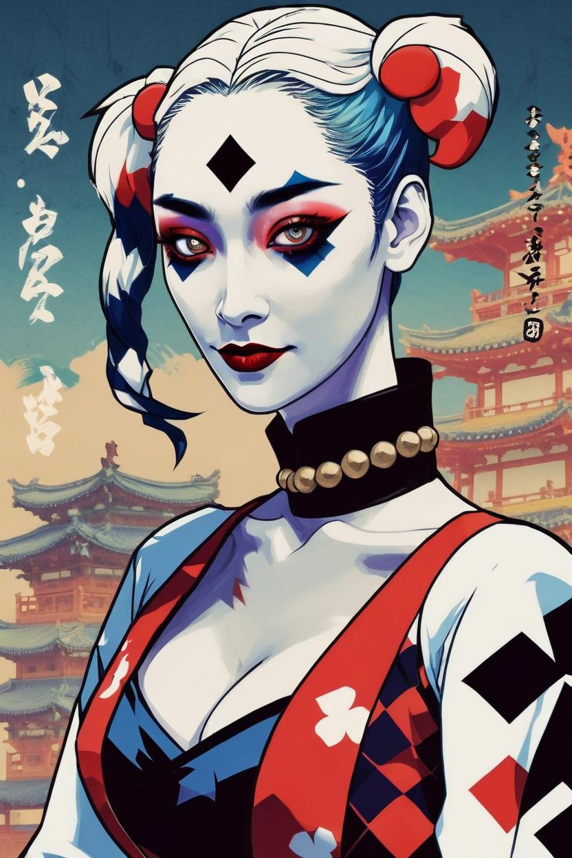 Artificial Intelligence (AI) generated image art, ... as harley quinn, in ukiyo-e style, portrait