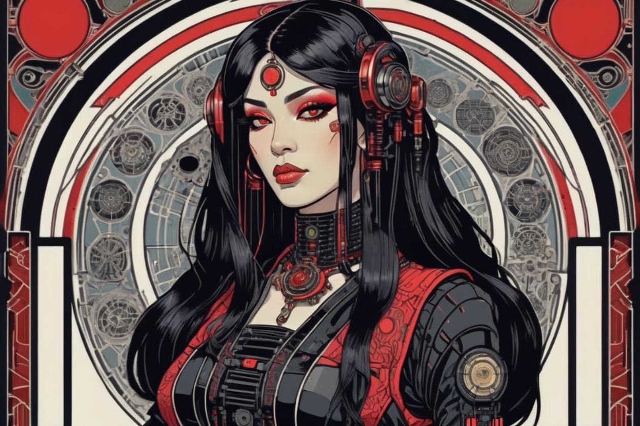 Artificial Intelligence (AI) generated image art, (*...*), portrait, artwork by Ivan Bilibin, Art Nouveau, tarot, cyberpunk, red and black android, cyborg, robotic, with black hair, dark eyes, black irises, full body