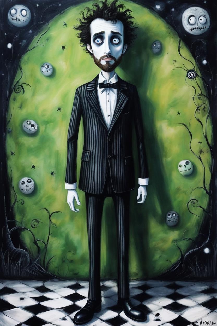 Artificial Intelligence (AI) generated image art, ..., tim burton style animation, masterpiece art painting