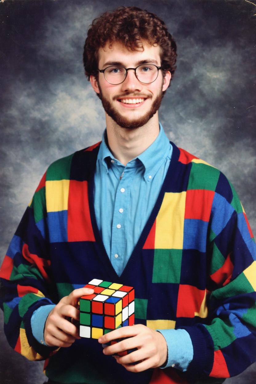 Artificial Intelligence (AI) generated image art, ..., 80s yearbook photo, vintage, as a nerd with rubiks cube