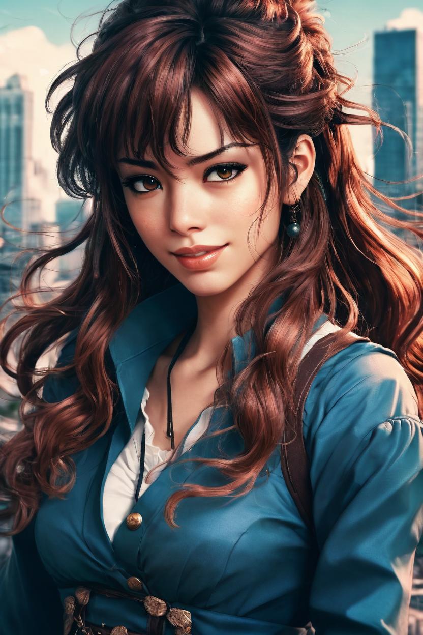 Artificial Intelligence (AI) generated image art, (*...*), Beautiful well-formed female, (Kentaro Miura manga book style), illustration, manga artstyle, portrait and torso, fantasy, landscape, city background, long hair, hair with bangs, dark brown eyes