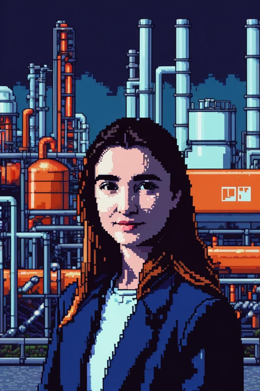 Artificial Intelligence (AI) generated image art, ..., (8 bit pixel art), chemical plant in background