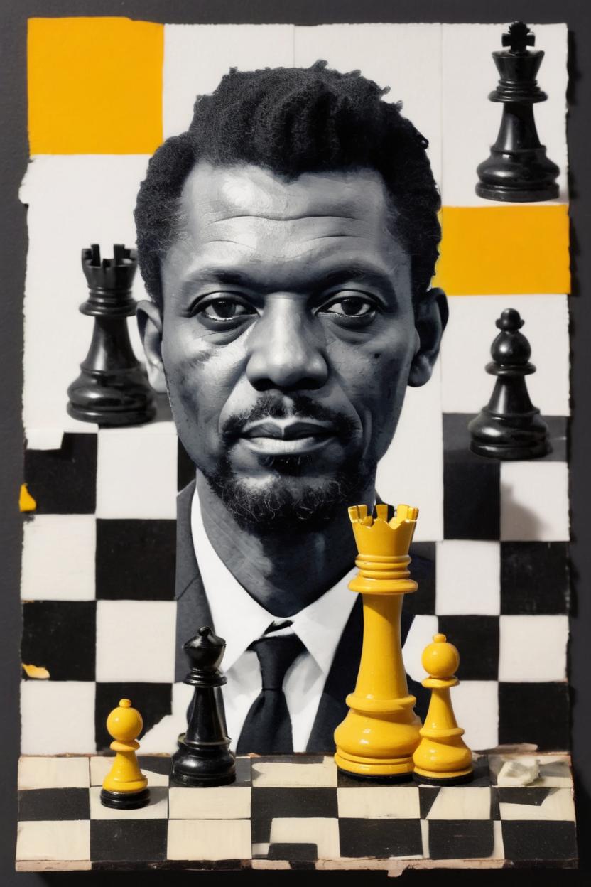 Artificial Intelligence (AI) generated image art, ((..., dada portrait, art by Lubaina Himid, cut up portrait, black and white photo)), yellow and orange accent colours, chess pieces, texture, found objects, Objet Trouvé