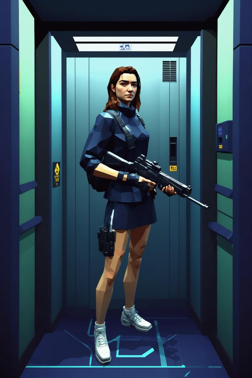 Artificial Intelligence (AI) generated image art, ..., early 2000 low game graphics, 2000s playstation graphics artstyle, ps2 game, low polygon 3d game, standing in an elevator, as hacker with gun