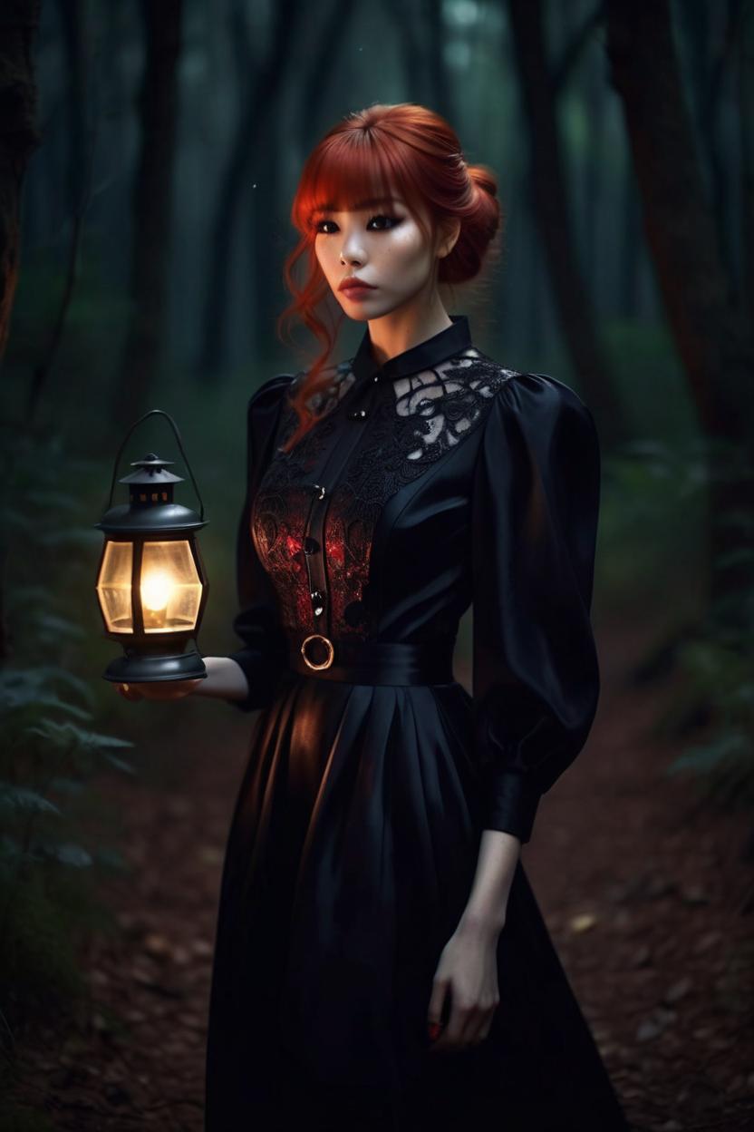 Artificial Intelligence (AI) generated image art, ..., ((portrait)), beautiful red hair, dressed in a black gown, highly detailed illustration, walking through a dark forest holding a lantern at midnight, deep focus, d & d, fantasy, intricate, elegant, highly detailed, digital painting, concept art, sharp focus, pouty lips, ultrarealistic, shot in the style of Wes Anderson, Mysterious and seductive atmosphere