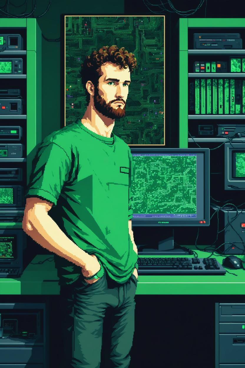 Artificial Intelligence (AI) generated image art, ..., (8 bit pixel art), hacker, in a green hightech computer room, pixel art, digitally enhanced, retro video game pixel graphics, cyberpunk, for professional usage