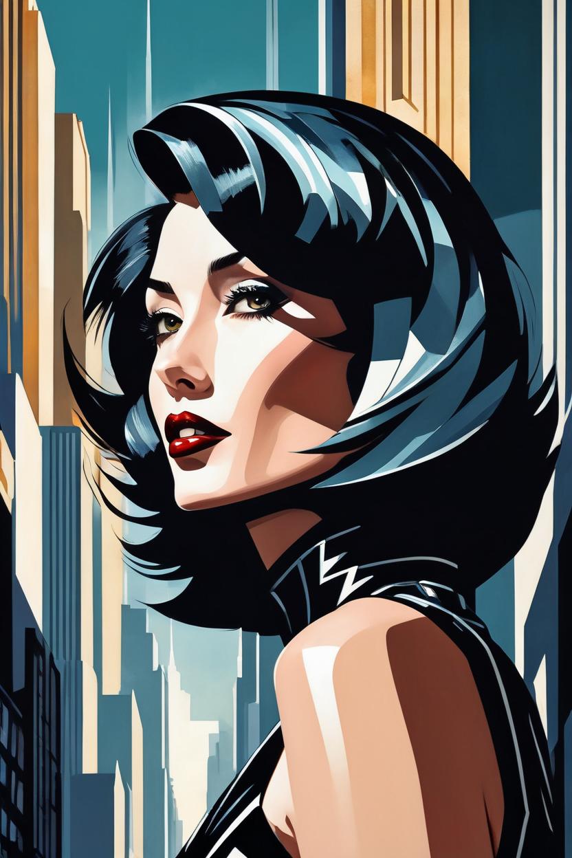 Artificial Intelligence (AI) generated image art, ..., shiny haircut, (leave space above head), dramatic light, art deco city background, high contrast, sharp, painted by stanley artgerm lau, painted by patrick nagel