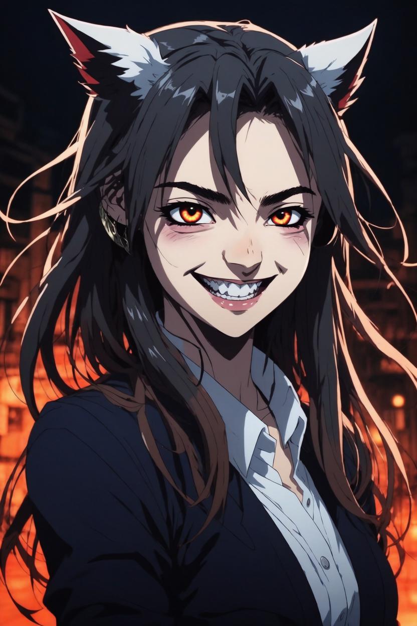 Artificial Intelligence (AI) generated image art, ..., as Carmilla, anime vamire girl laughing hysterically, anime girl GeGeGe No Kitarou, evil eyes, long canines, extreme drama, glowing eyes, dark anime style, illustration