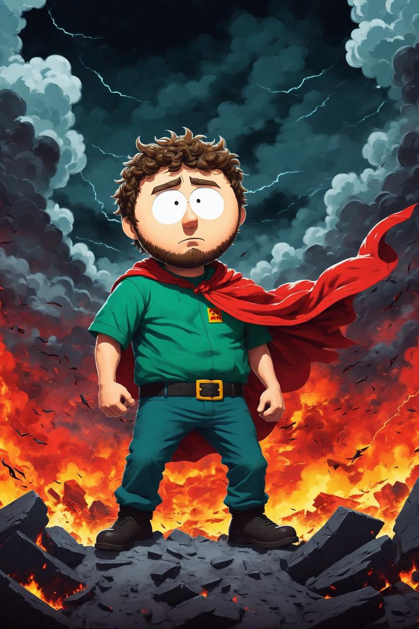 Artificial Intelligence (AI) generated image art, (((south park cartoon character))), ... man, illustration, at hell gates, on a cloud, sharp focus, deep colours