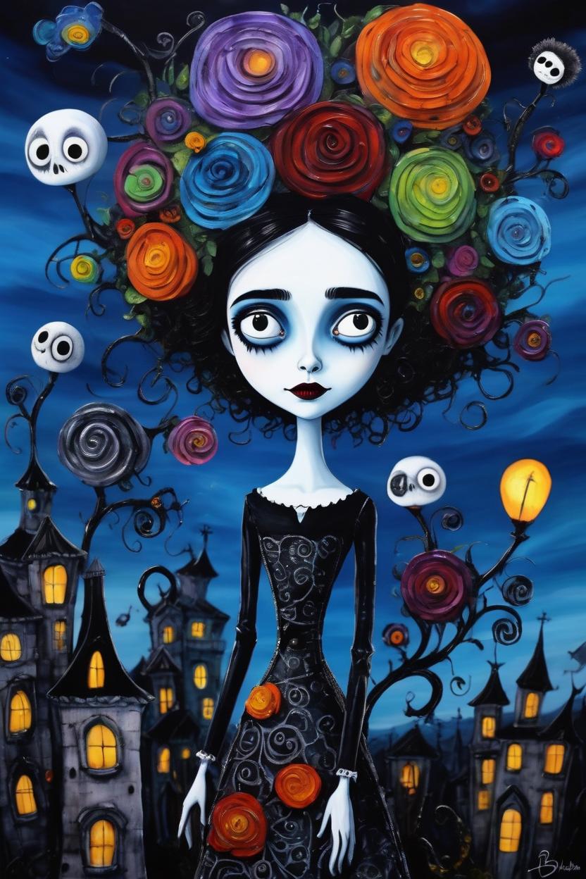 Artificial Intelligence (AI) generated image art, ..., tim burton style animation, masterpiece art painting