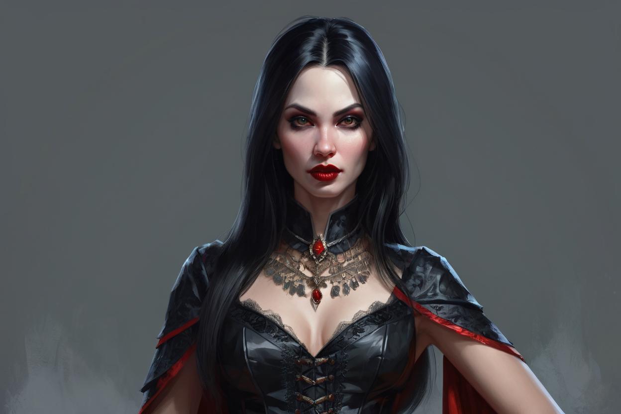 Artificial Intelligence (AI) generated image art, painted portrait of ... as a beautiful vampiric temptress, black hair, upper body, intricate, elegant, highly detailed, digital painting, artstation, concept art, smooth, sharp focus, illustration, art by gaston bussiere and magali villeneuve