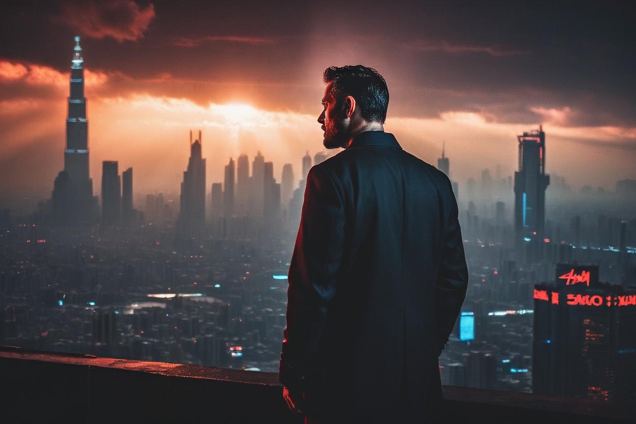 Artificial Intelligence (AI) generated image art, ...,looking at a ((cyberpunk megacity built on a cloud)) in the distance, epic, cinematic lighting, portrait, scifi detective colthes, cinematic lighting, red sun