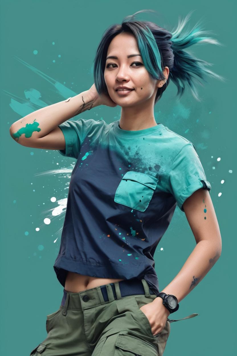 Artificial Intelligence (AI) generated image art, ... snthwve style nvinkpunk award winning half body portrait of a woman in a croptop and cargo pants with ombre navy blue teal hairstyle with head in motion and hair flying, paint splashes, splatter, outrun, vaporware, shaded flat illustration, digital art, trending on artstation, highly detailed, fine detail, intricate, tan skin