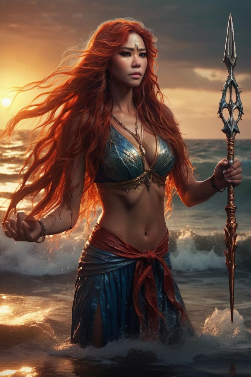 Artificial Intelligence (AI) generated image art, ..., ((realistic)) majestic water goddes Mera, holding one three spike trident, with wet body and flowing red long hair rising from the sea with sunset, ((portrait)), epic scene, epic light, intricate detailed, fine details, artstation, masterpiece