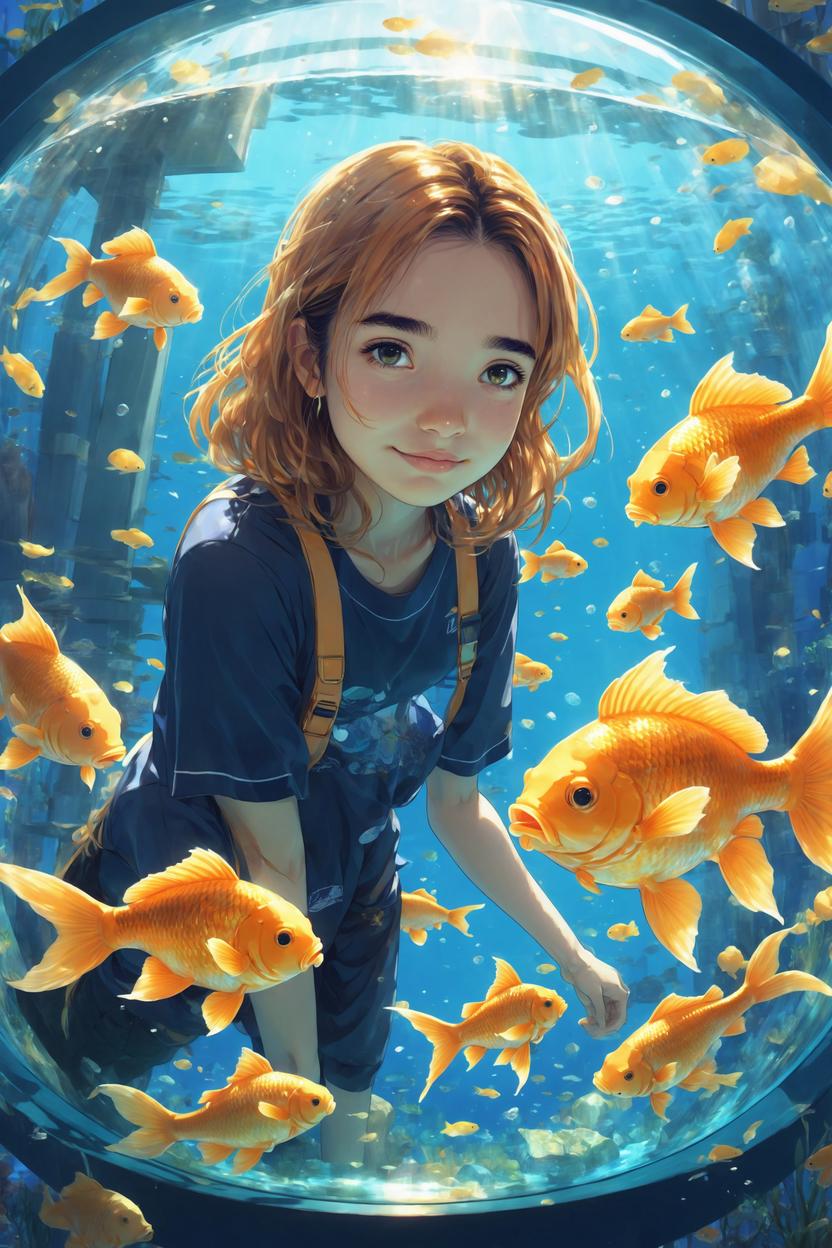 Artificial Intelligence (AI) generated image art, ..., as small anime mermaid swimming in giant human-sized fish bowl, swimming with gold fish,  super cute anime style, illustration, anime girl art by makoto shinkai