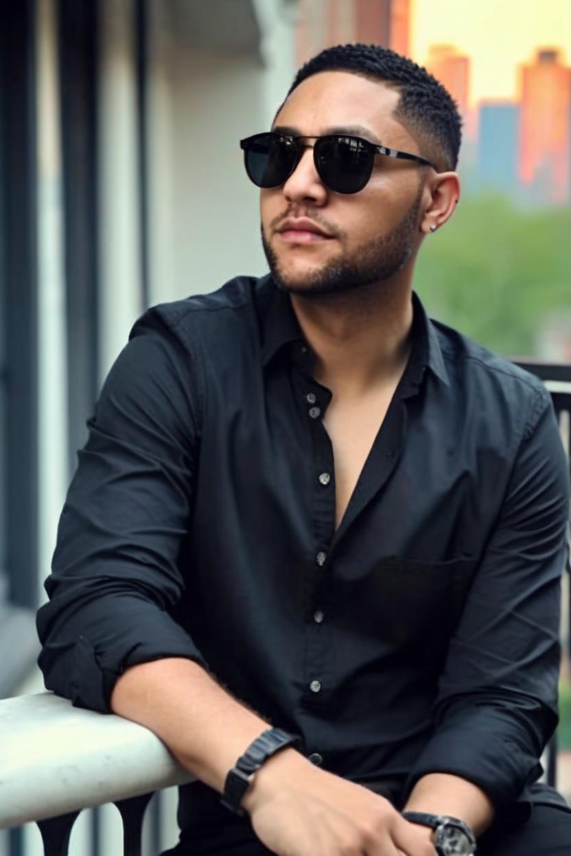 Artificial Intelligence (AI) generated image art, ..., sitting on a balcony, wearing sunglasses and a black unbuttoned shirt, highly detailed, UHD, 8K, bokh, dof, background big city in America