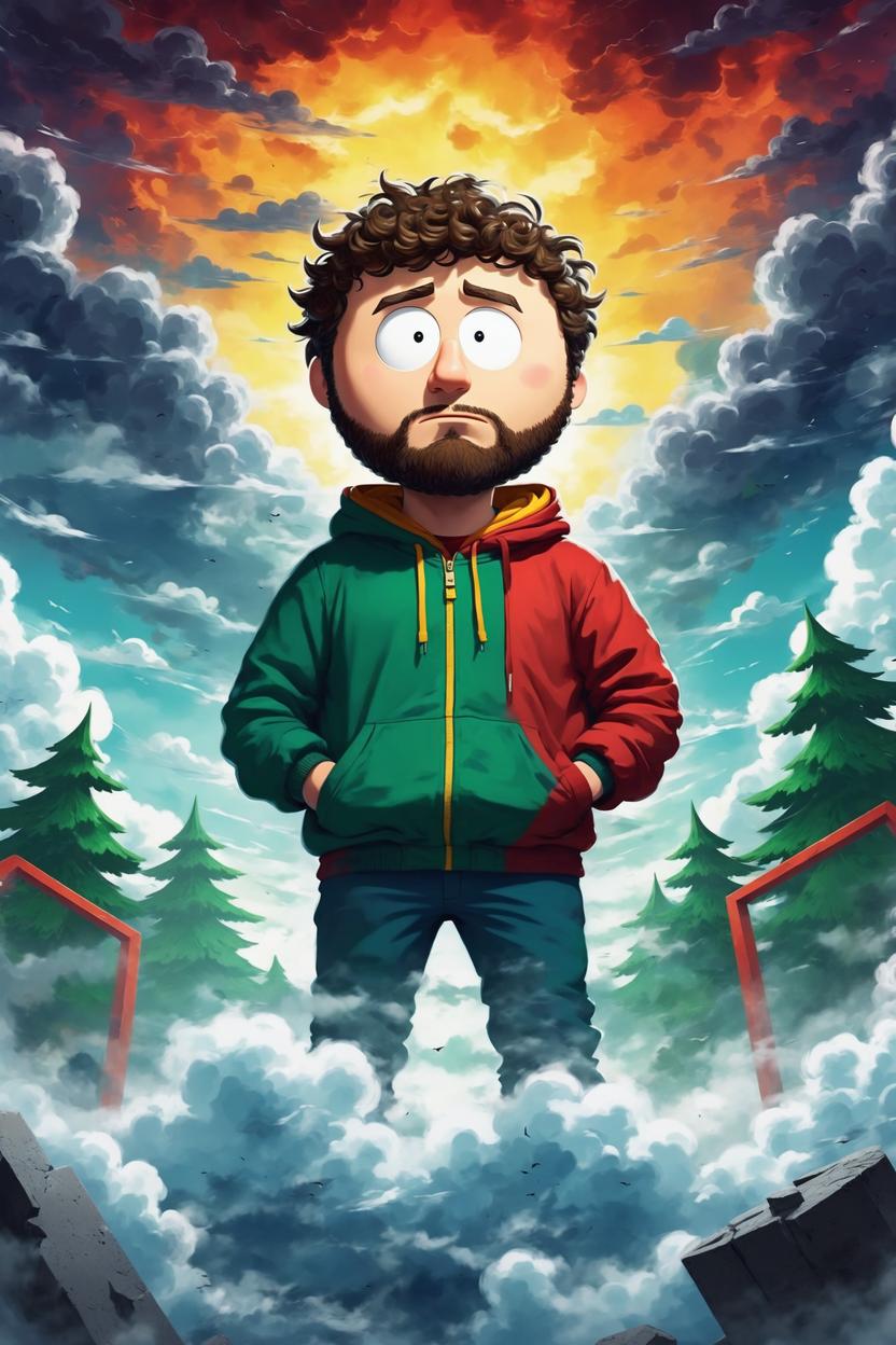 Artificial Intelligence (AI) generated image art, (((south park cartoon character))), ... man, illustration, at heaven gates, on a cloud, sharp focus, deep colours