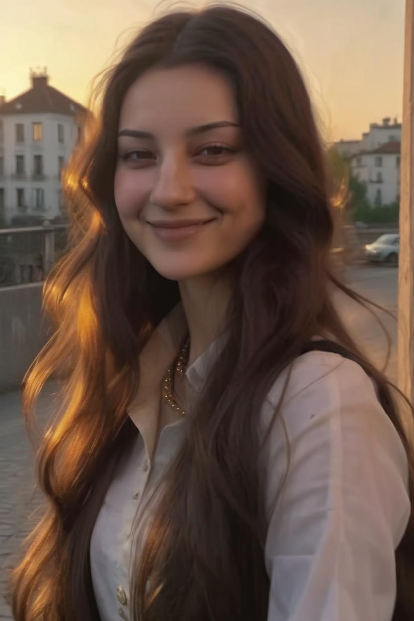 Artificial Intelligence (AI) generated image art, ..., smirking, golden hour, ultra-realistic, Smirking, as a brunette with long hair in Old money lady style, photorealistic, cinematic, 4k, highly detailed, grainy, with golden sunlight catching in the hair