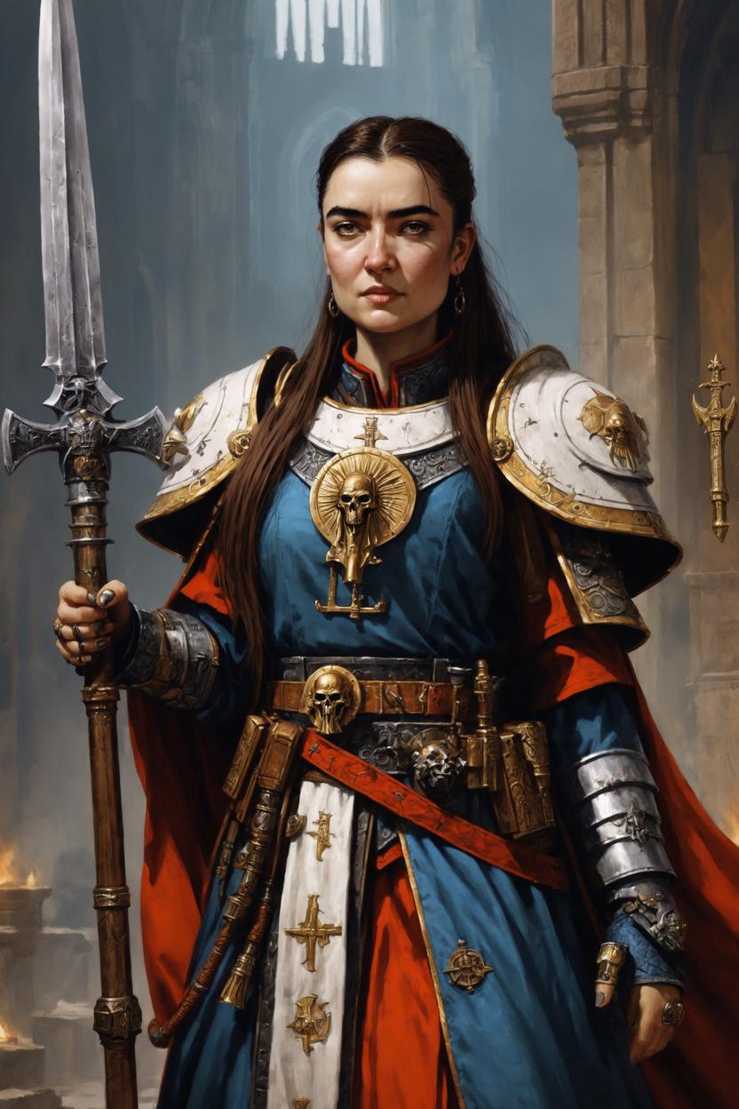 Artificial Intelligence (AI) generated image art, ..., as JUNITH ERUITA, the Canoness Superior, the Mortarch Neferata, by Lewis Jones, by John Blanche, warhammer