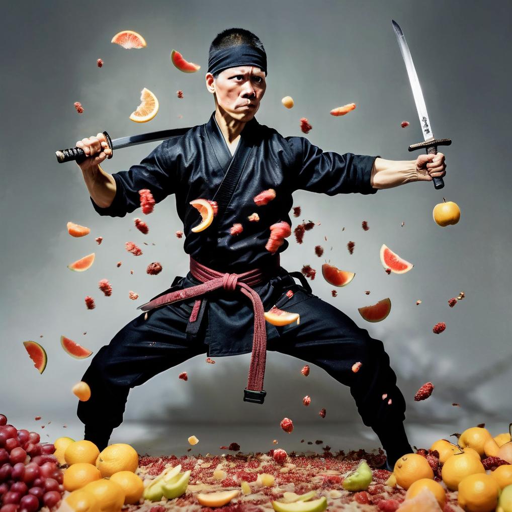 Artificial Intelligence (AI) generated image art, (((...))), as a ninja, full body hyperrealistic photo, sword drawn, poised and ready, surrounded by ((falling pieces of fruit)), (fruit falling through the air), ((cut fruit on the ground)), cinema still.