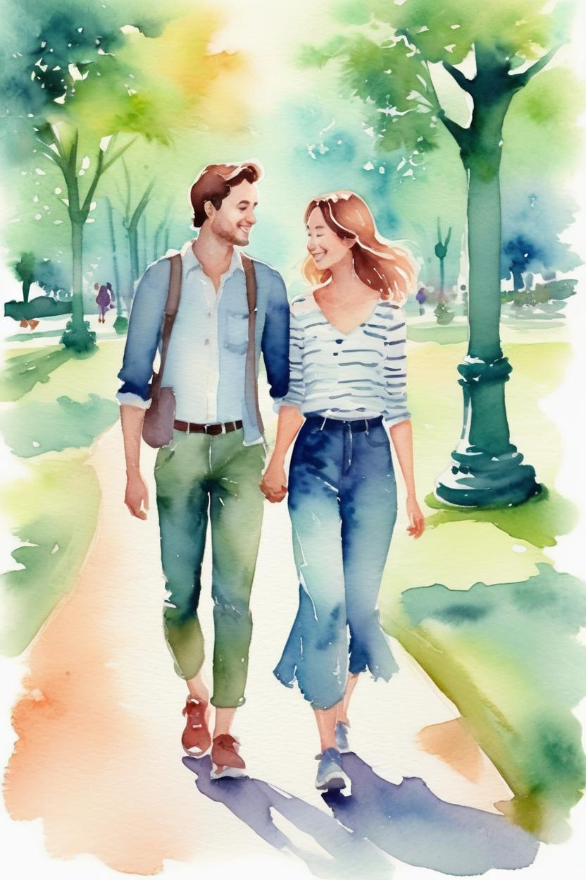 Artificial Intelligence (AI) generated image art, ..., watercolor, dreamy illustration, beautiful, in love, romantic, walking in the park, happy