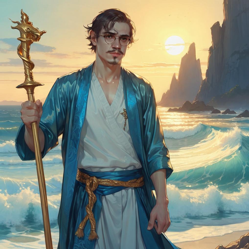 Artificial Intelligence (AI) generated image art, ..., ..., as Moses holding a staff with the ocean splitting in the background, by Stanley Artgerm Lau, WLOP, Rossdraws, James Jean, Andrei Riabovitchev, Marc Simonetti, and Sakimichan, highly detailed, ultra detailed, golden hour, trending on artstation, cgstudio