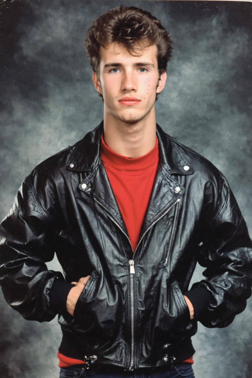 Artificial Intelligence (AI) generated image art, ..., 80s yearbook photo, vintage, as the bad boy in leather jacket and slick hair