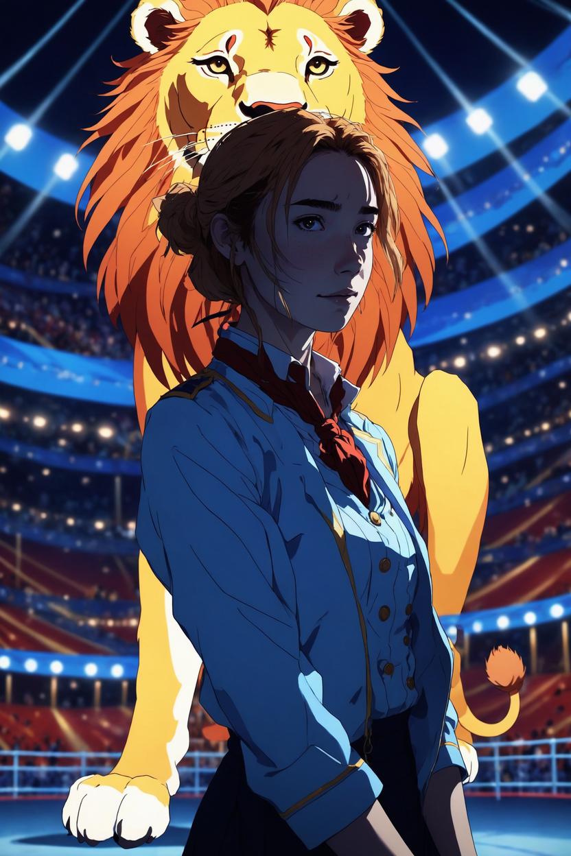 Artificial Intelligence (AI) generated image art, ..., as an anime girl with lion, anime style, illustration, art by makoto shinkai, circus lion tamer, dramatic lighting, cirque du soleil, in the air