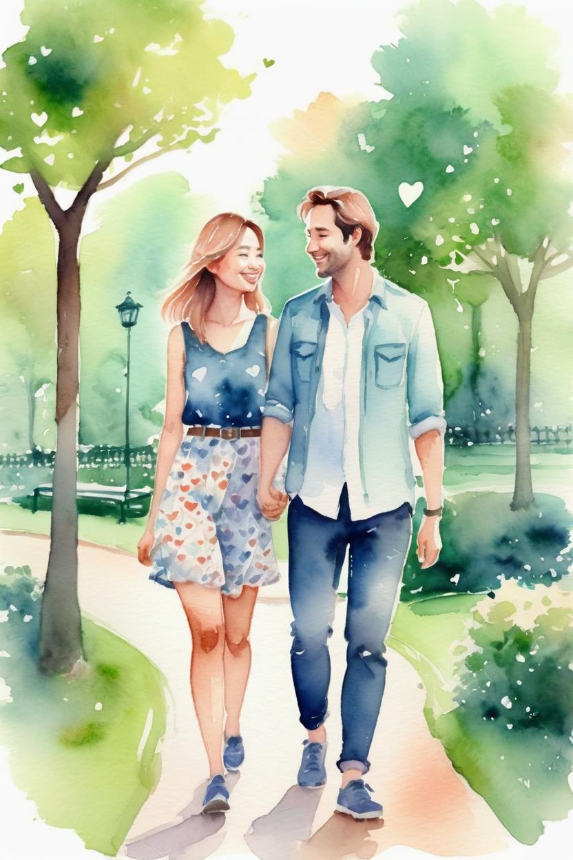 Artificial Intelligence (AI) generated image art, ..., watercolor, dreamy illustration, beautiful, in love, romantic, walking in the park, happy