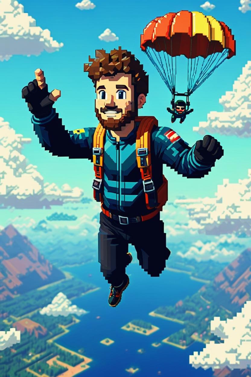 Artificial Intelligence (AI) generated image art, ..., (8 bit pixel art), skydiving