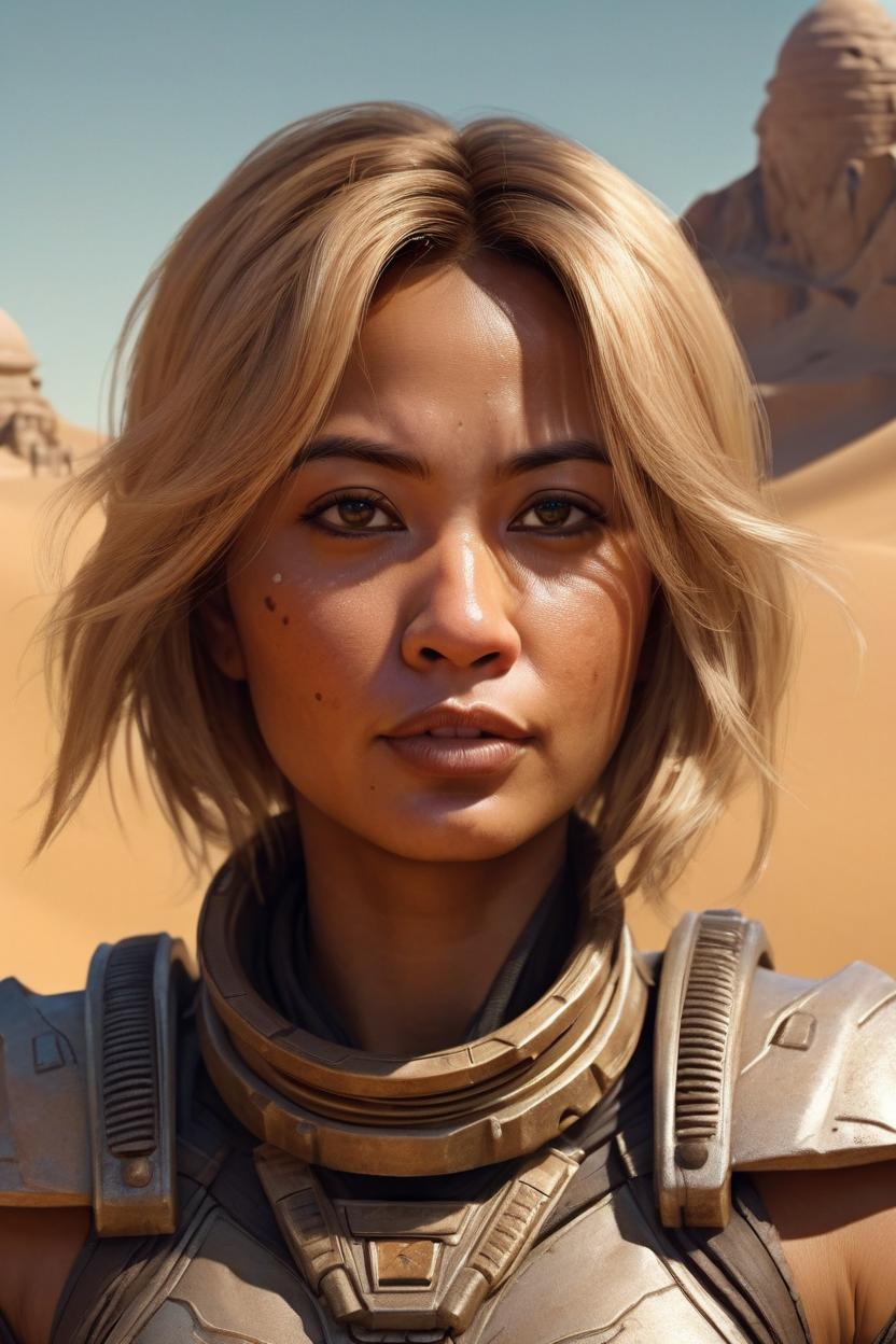 Artificial Intelligence (AI) generated image art, ... as dune character, beautiful, tan skin, in the dessert, highly detailed illustration, sci-fi movie, cinematographic lighting, by greg rutkowski