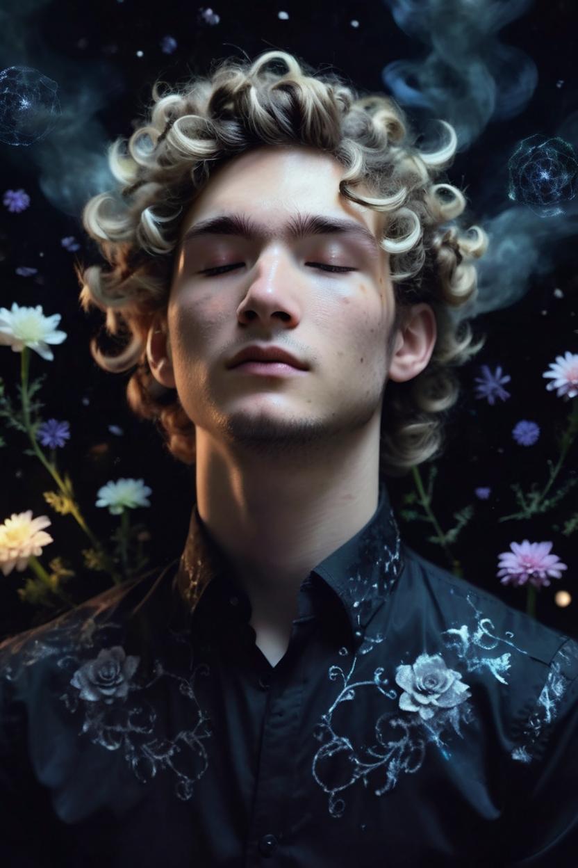 Artificial Intelligence (AI) generated image art, A portrait of ... floating in a dark void, eyes closed painterly style, masterpiece dark colors with bioluminescent highlights. Floating naturally curly hair, Elegant botany and flowers. Smoke fractals, hauntingly beautiful