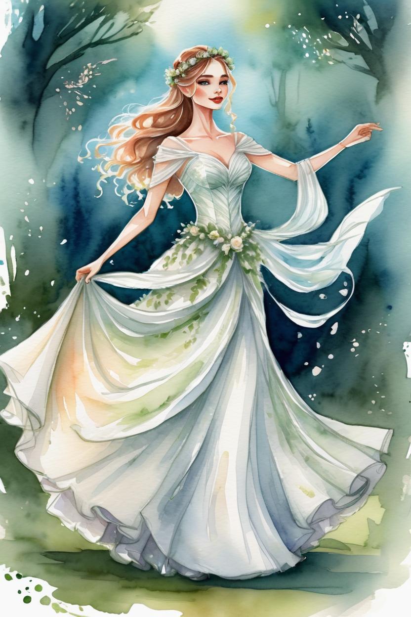 Artificial Intelligence (AI) generated image art, ... as beautiful bride getting married, fairytale wedding, outdoor, ultra detailed illustration, dancing, watercolor, fairy flowy wedding dress